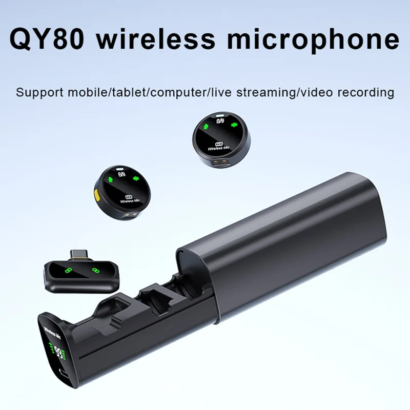 QY80 Wireless Lavalier Microphone One-Click Noise Reduction USB-C Lavalier Mic  for Live Streaming (2 Microphones+1 Receiver) - Black