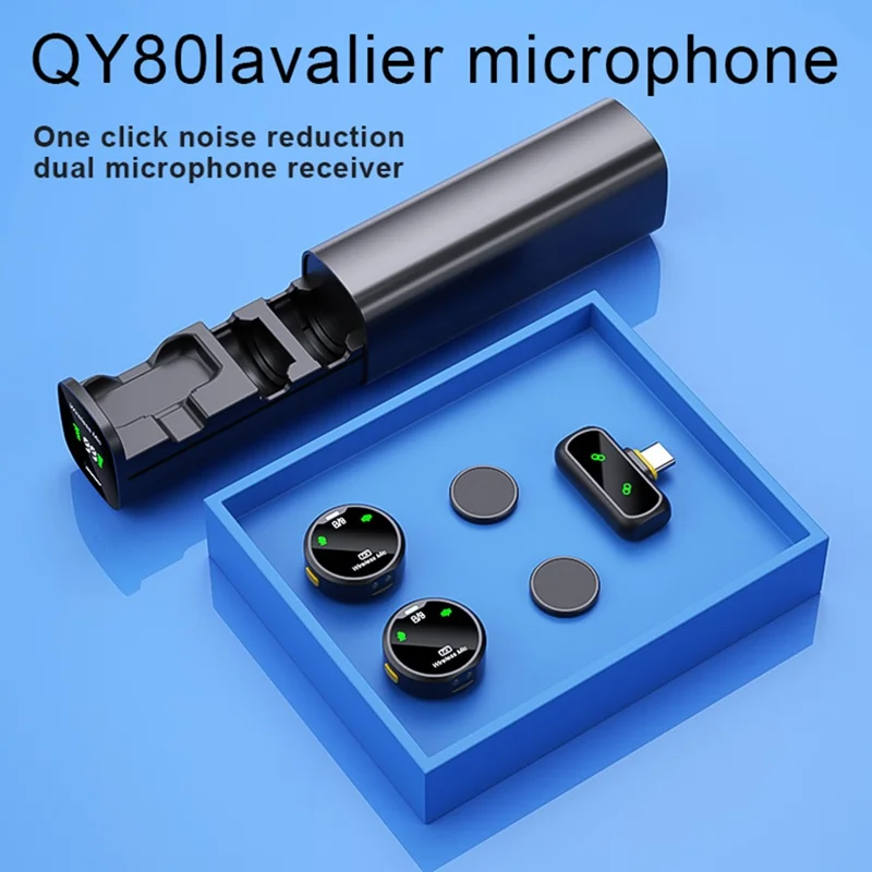 QY80 Wireless Lavalier Microphone One-Click Noise Reduction USB-C Lavalier Mic  for Live Streaming (2 Microphones+1 Receiver) - Black