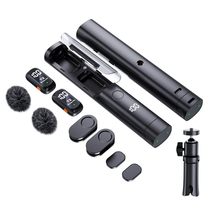 QY99 Wireless Lavalier Microphone AI Noise Reduction Type-C Interface Lavalier Mic with Tripod & Storage Case (2 Microphones+1 Receiver)