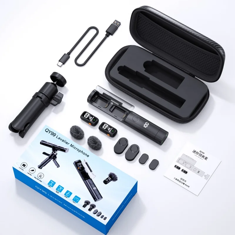 QY99 Wireless Lavalier Microphone AI Noise Reduction Type-C Interface Lavalier Mic with Tripod & Storage Case (2 Microphones+1 Receiver)