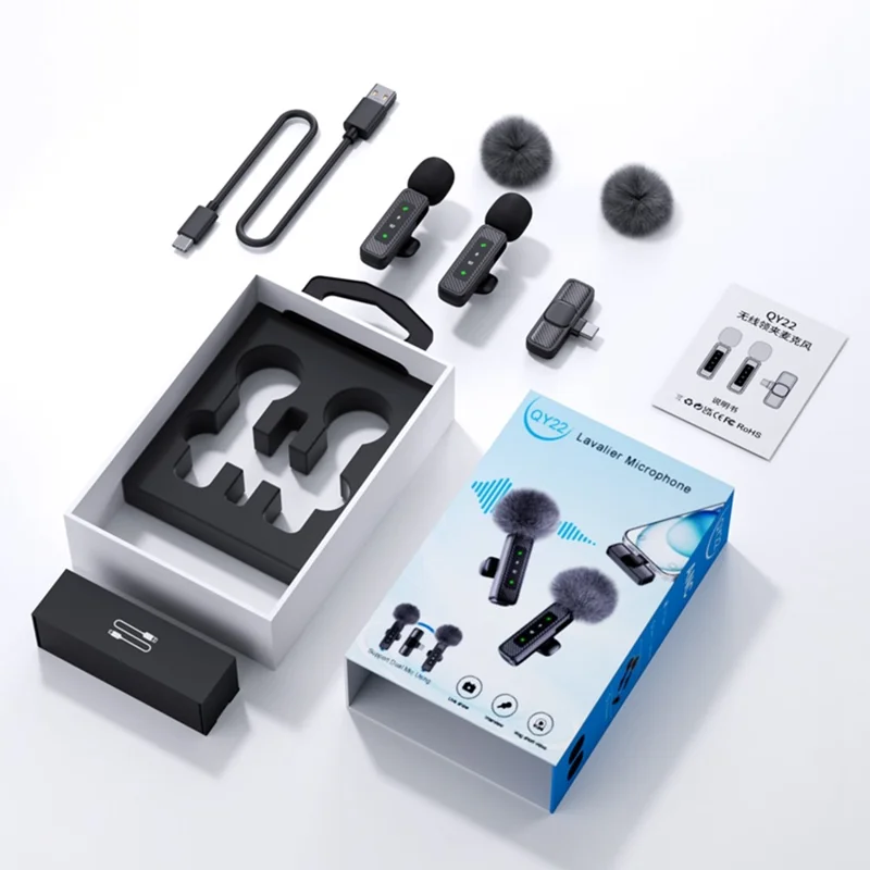 QY22 2.4G Wireless Lavalier Microphone Type-C 20m Range Lavalier Mic for Live Streaming Interview (2 Microphones+1 Receiver)