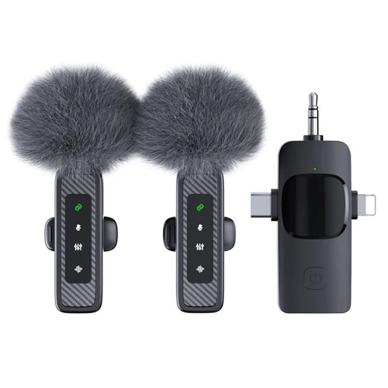 QY22 2.4G Wireless Lavalier Microphone Type-C iP (5-14) 3.5mm TRS Lavalier Mic for Live Streaming Interview (2 Microphones+1 Receiver)