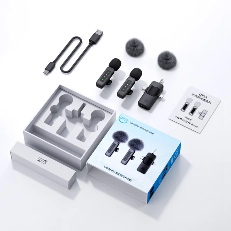 QY22 2.4G Wireless Lavalier Microphone Type-C iP (5-14) 3.5mm TRS Lavalier Mic for Live Streaming Interview (2 Microphones+1 Receiver)