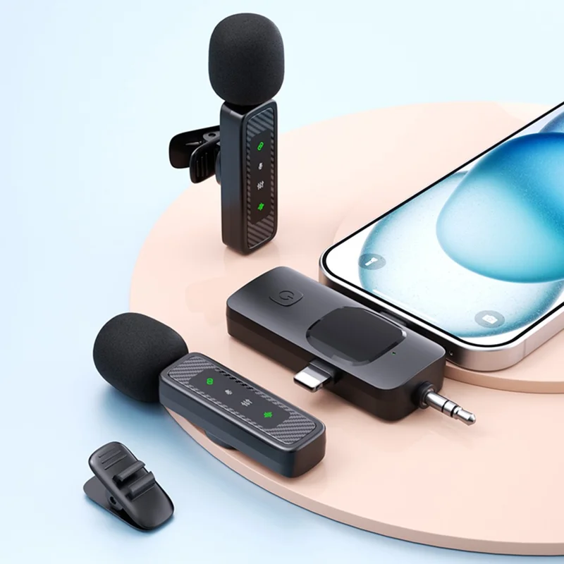 QY22 2.4G Wireless Lavalier Microphone Type-C iP (5-14) 3.5mm TRS Lavalier Mic for Live Streaming Interview (2 Microphones+1 Receiver)