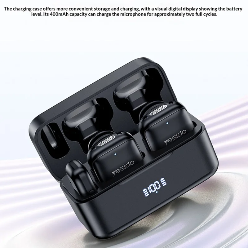 YESIDO KR30 iP Plug 2.4GHz AI Noise Reduction Wireless Lavalier Microphone with Charging Case, 2 Transmitters + 1 Receiver - Black