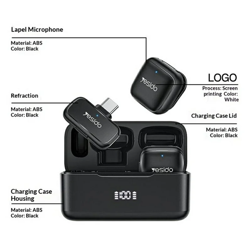 YESIDO KR30 iP Plug 2.4GHz AI Noise Reduction Wireless Lavalier Microphone with Charging Case, 2 Transmitters + 1 Receiver - Black
