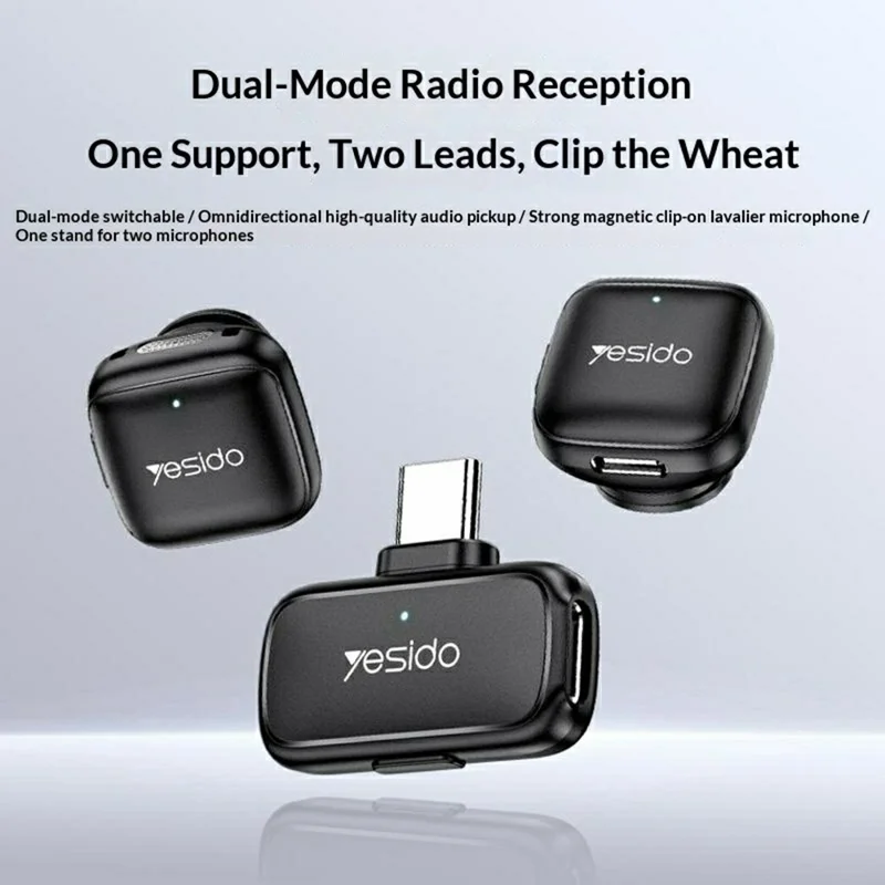 YESIDO KR29 Type-C Plug 2.4GHz Wireless Lavalier Microphone Dual Transmitter 48kHz 50m Range - Black