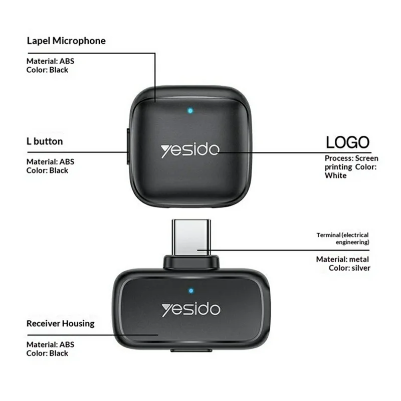 YESIDO KR29 Type-C Plug 2.4GHz Wireless Lavalier Microphone Dual Transmitter 48kHz 50m Range - Black