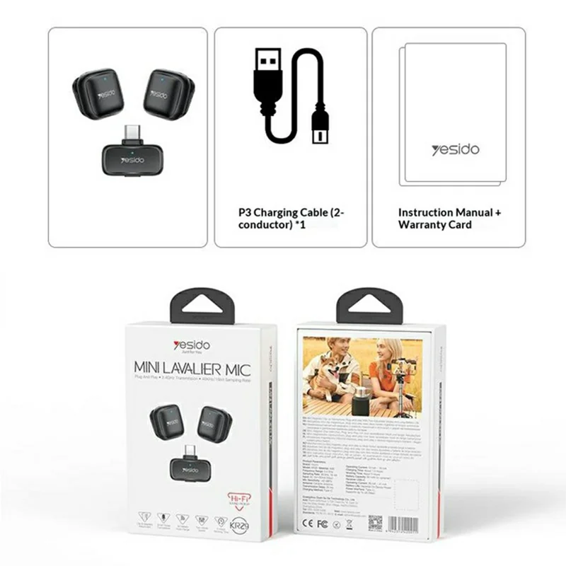 YESIDO KR29 Type-C Plug 2.4GHz Wireless Lavalier Microphone Dual Transmitter 48kHz 50m Range - Black