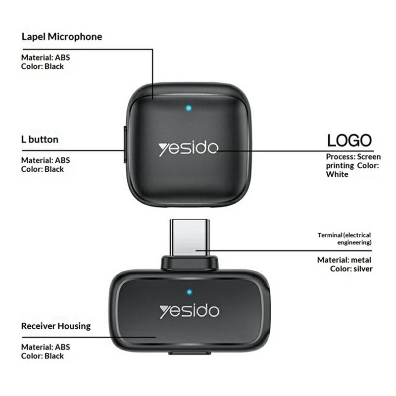 YESIDO KR27 Type-C aansluiting Dual Mode 2,4 GHz Draadloze Lavaliermicrofoon, 1 zender + 1 ontvanger - Zwart
