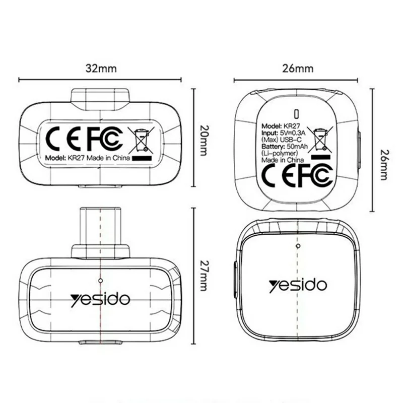 YESIDO KR27 Type-C aansluiting Dual Mode 2,4 GHz Draadloze Lavaliermicrofoon, 1 zender + 1 ontvanger - Zwart