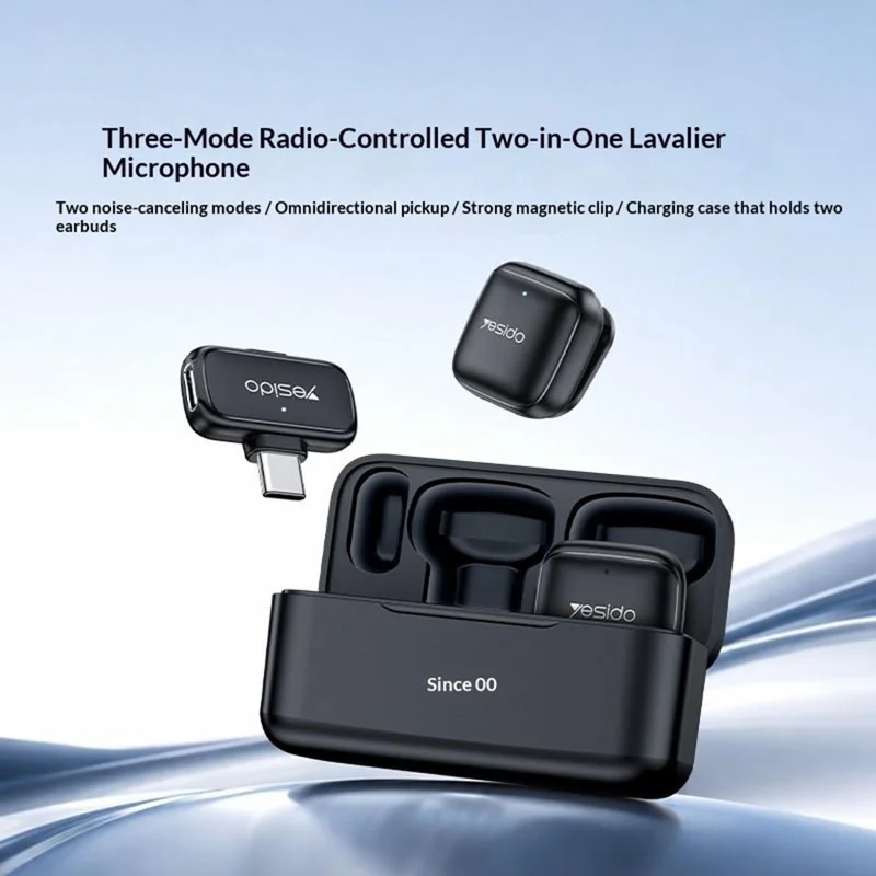 YESIDO KR31 Type-C Plug 2.4GHz Wireless Lavalier Microphone AI Noise Cancellation with Charging Case, 2 Transmitters + 1 Receiver - Black