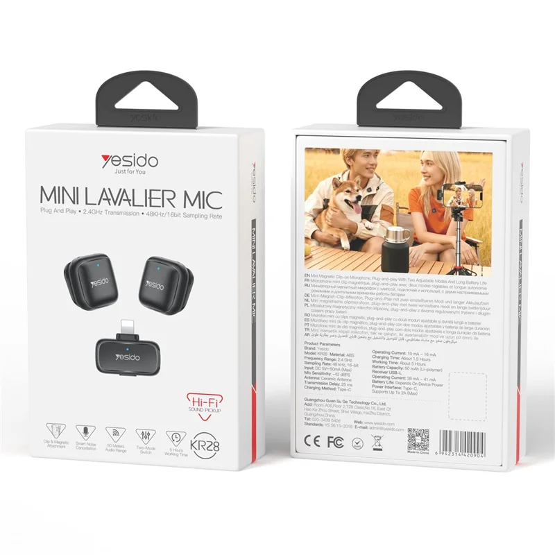 YESIDO KR28 iP Plug 2.4GHz Wireless Lavalier Microphone Dual Transmitter Plug and Play Clip-on Mic - Black