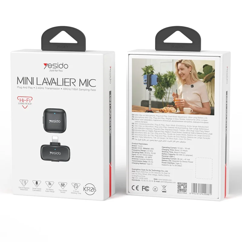 YESIDO KR26 iP Plug Mini Lavalier Microphone 2.4GHz Wireless Clip-on Mic, 1 Transmitter + 1 Receiver - Black