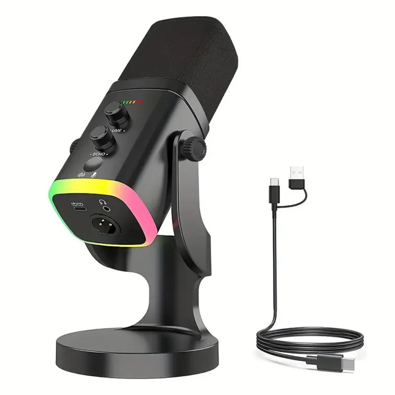 USB Dynamic Microphone Noise Canceling RGB for Recording Gaming Live Streaming Karaoke - Black