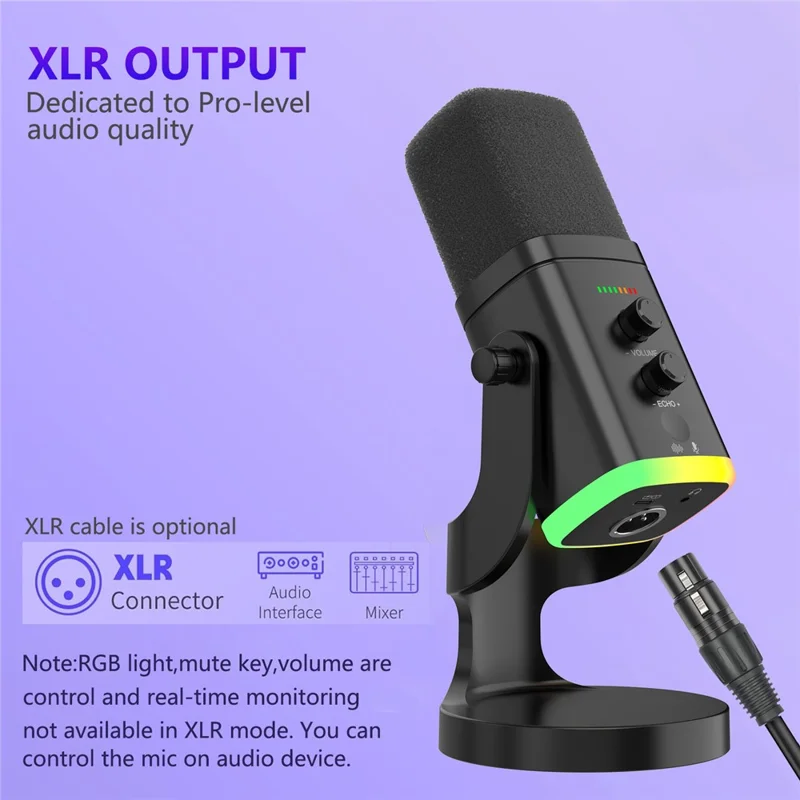 USB Dynamic Microphone Noise Canceling RGB for Recording Gaming Live Streaming Karaoke - Black