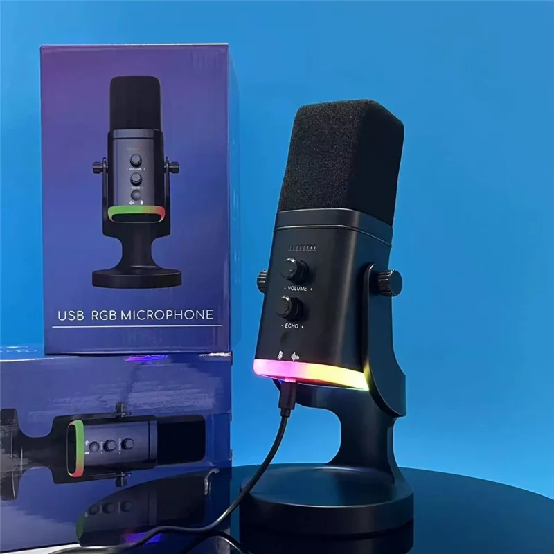 USB Dynamic Microphone Noise Canceling RGB for Recording Gaming Live Streaming Karaoke - Black