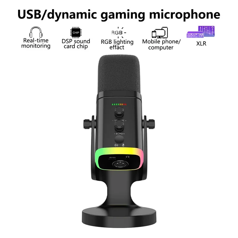USB Dynamic Microphone Noise Canceling RGB for Recording Gaming Live Streaming Karaoke - Black