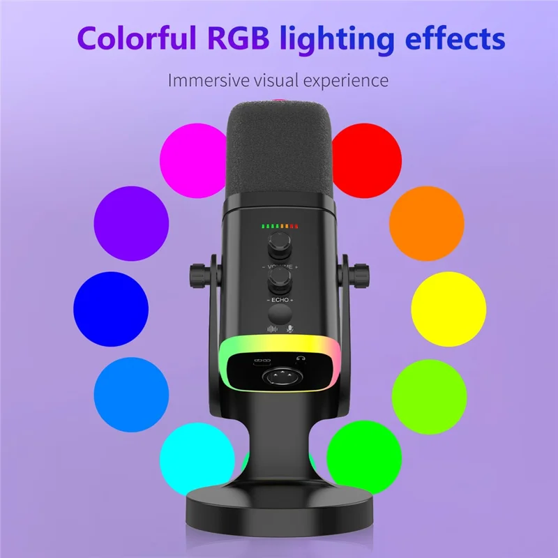 USB Dynamic Microphone Noise Canceling RGB for Recording Gaming Live Streaming Karaoke - Black
