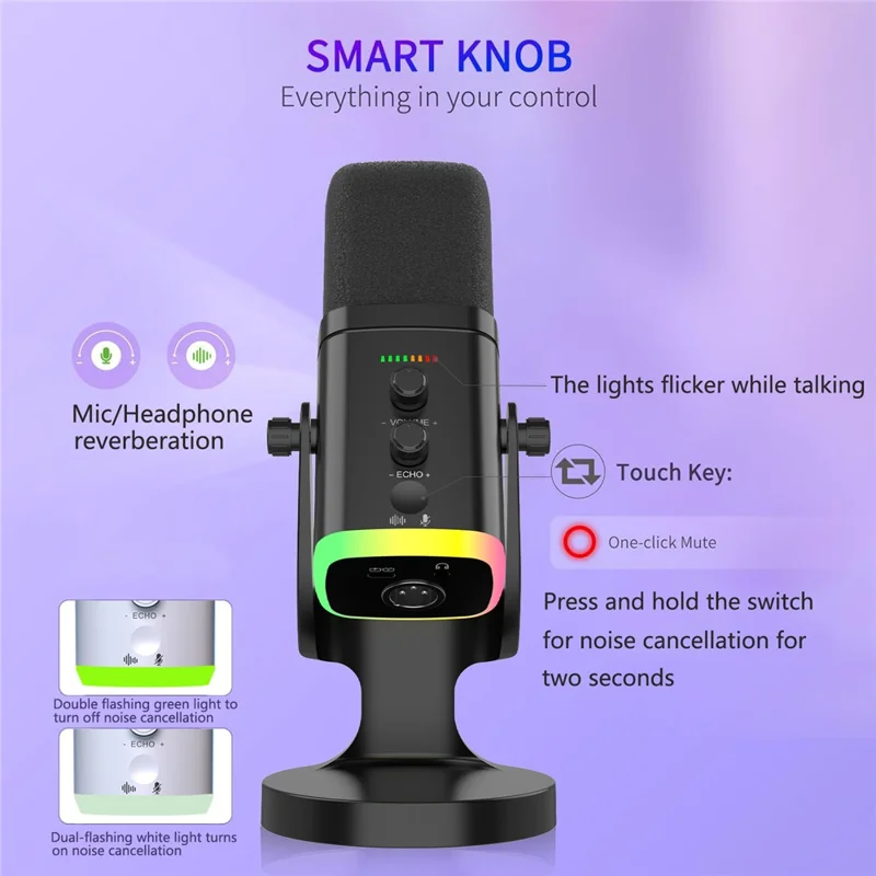 USB Dynamic Microphone Noise Canceling RGB for Recording Gaming Live Streaming Karaoke - Black