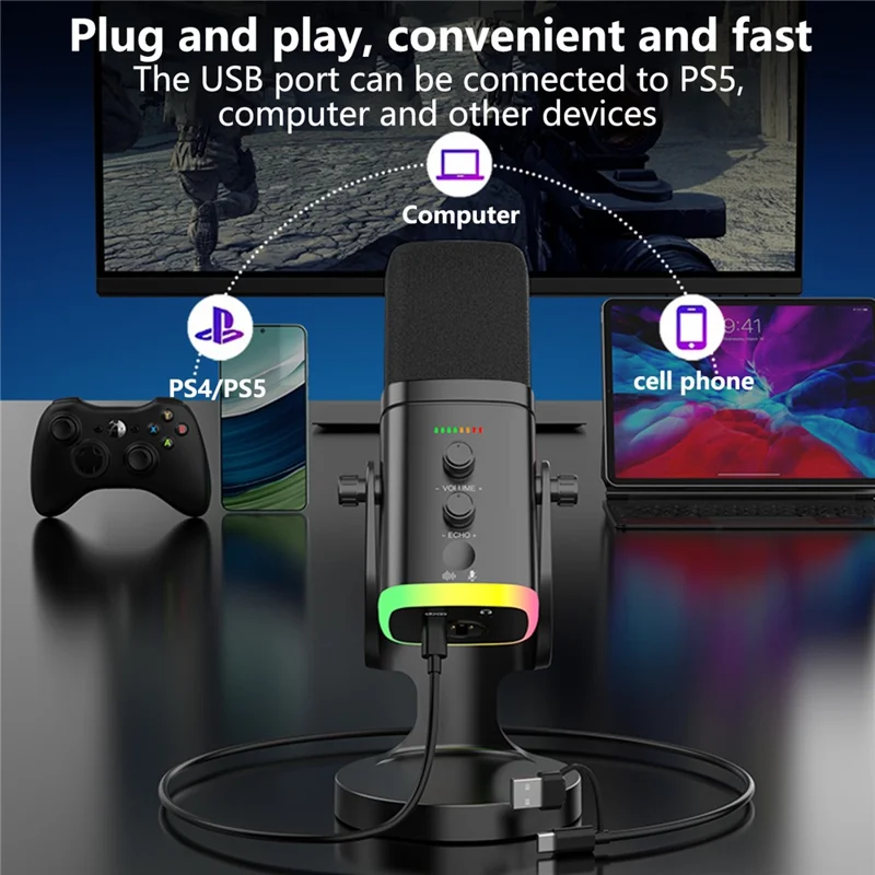 USB Dynamic Microphone Noise Canceling RGB for Recording Gaming Live Streaming Karaoke - Black
