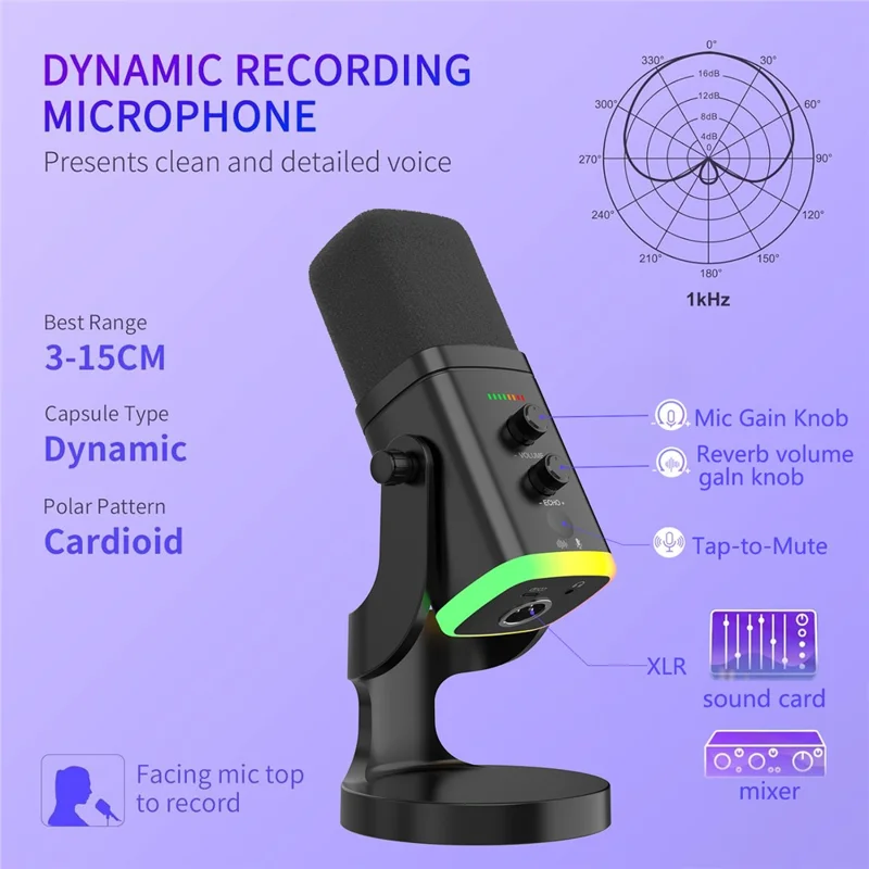 USB Dynamic Microphone Noise Canceling RGB for Recording Gaming Live Streaming Karaoke - Black