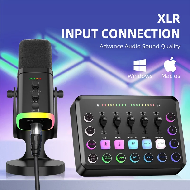 USB Dynamic Microphone Noise Canceling RGB for Recording Gaming Live Streaming Karaoke - Black