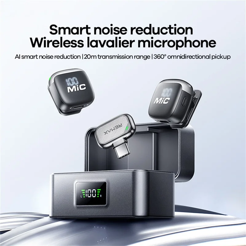 REMAX K27 Noise Cancelling Digital Display Clip-on Microphone Type-C Wireless Lavalier Microphone for Live Streaming Recording - Black