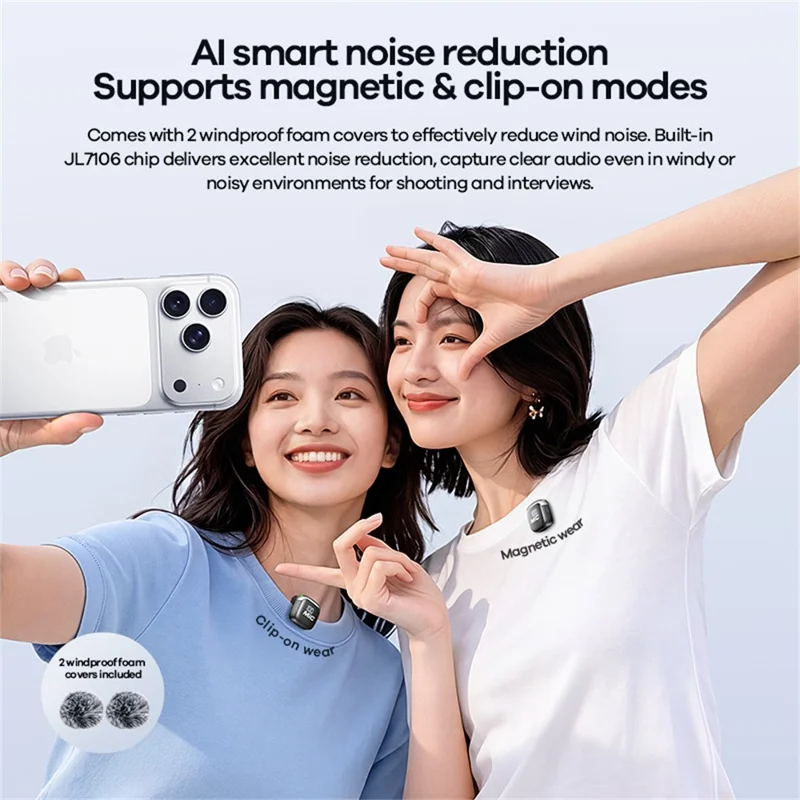 REMAX K27 Noise Cancelling Digital Display Clip-on Microphone Type-C Wireless Lavalier Microphone for Live Streaming Recording - Black