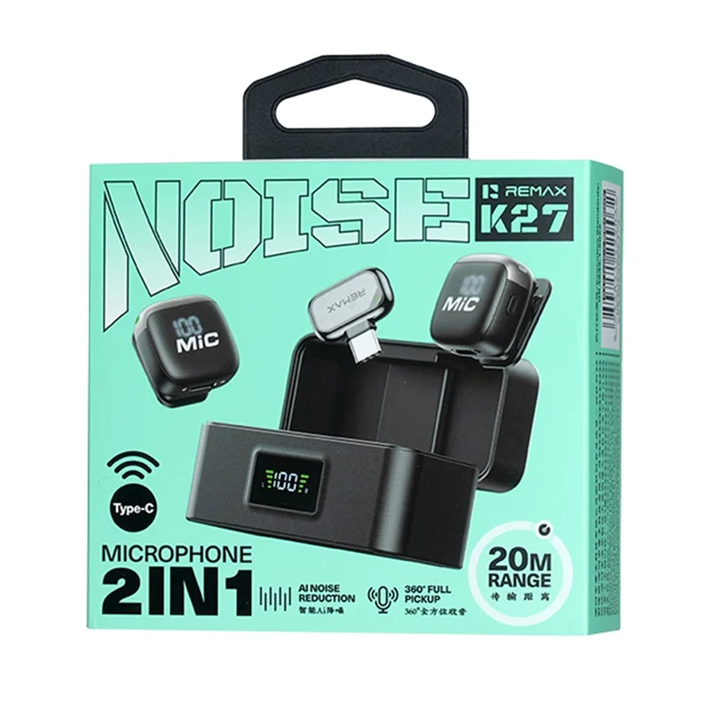 REMAX K27 Noise Cancelling Digital Display Clip-on Microphone Type-C Wireless Lavalier Microphone for Live Streaming Recording - Black