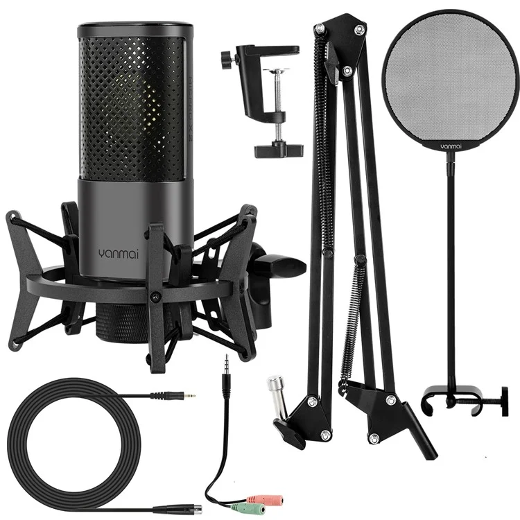 YANMAI X2 Condensador Microfone Kit Cardioid Mic Shock Mount+tampa de Espuma+cabo Para Gravação de Estúdio Para PC