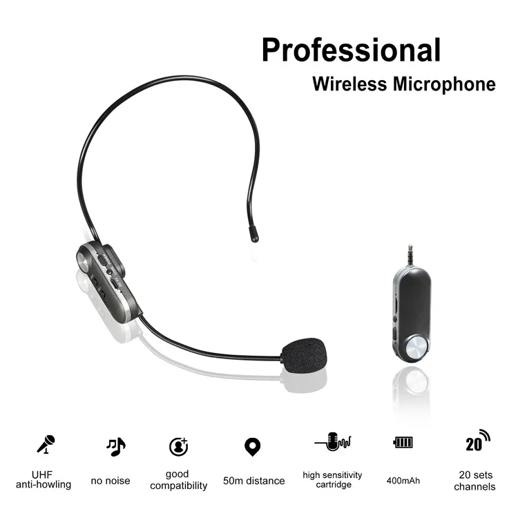 Fone de Ouvido Sem Fio T-1 com Microfone 30m Sistema de Microfone UHF Sem Fio para Amplificadores de Voz, Palco, Palestrantes, Professores, Guias Turísticos