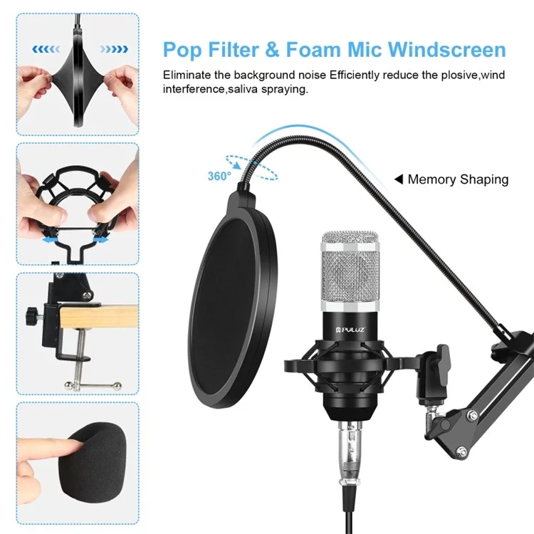 PULUZ Podcast-Mikrofon-USB-Soundkarte-Kit Professionelles Studiobühnen-Sound-Mixer mit langem Arm für Streaming/Gaming/Aufnahme/Singen/Tiktok/YouTube/PC/Computer - Silber