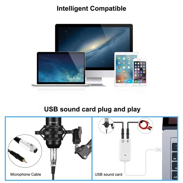 PULUZ Podcast-Mikrofon-USB-Soundkarte-Kit Professionelles Studiobühnen-Sound-Mixer mit langem Arm für Streaming/Gaming/Aufnahme/Singen/Tiktok/YouTube/PC/Computer - Silber