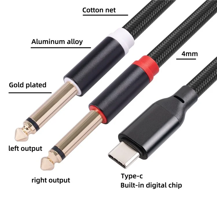 Cabo de Áudio 3m 3708 HiFi Sound Type-C Macho para Dual 6,35mm Estéreo Cord para Mixing Console Speaker