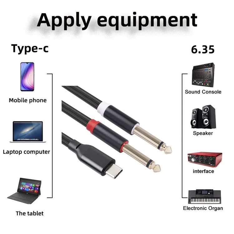 3708 1m Stereo Audio Cable Type-C Male to Dual 6.35mm Audio Cord for Amplifier Mixing Console Speaker