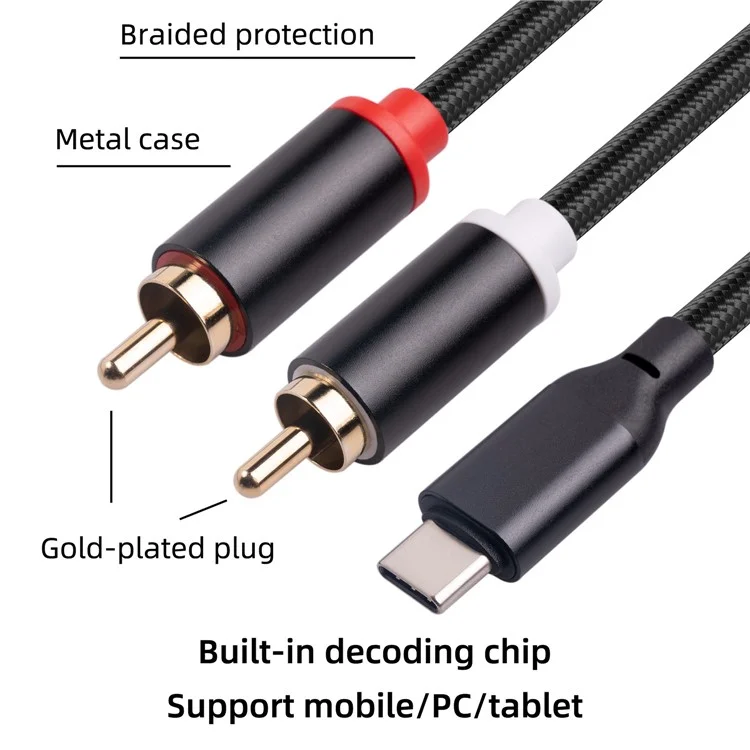 2m Type-C to 2 RCA Male to Male Audio Cable for iPhone Sumsung Xiaomi Speaker Home Theater TV (Built-in DAC Chip)