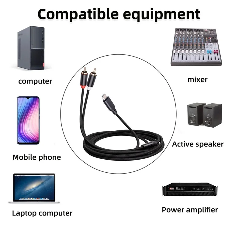 2m Type-C to 2 RCA Male to Male Audio Cable for iPhone Sumsung Xiaomi Speaker Home Theater TV (Built-in DAC Chip)