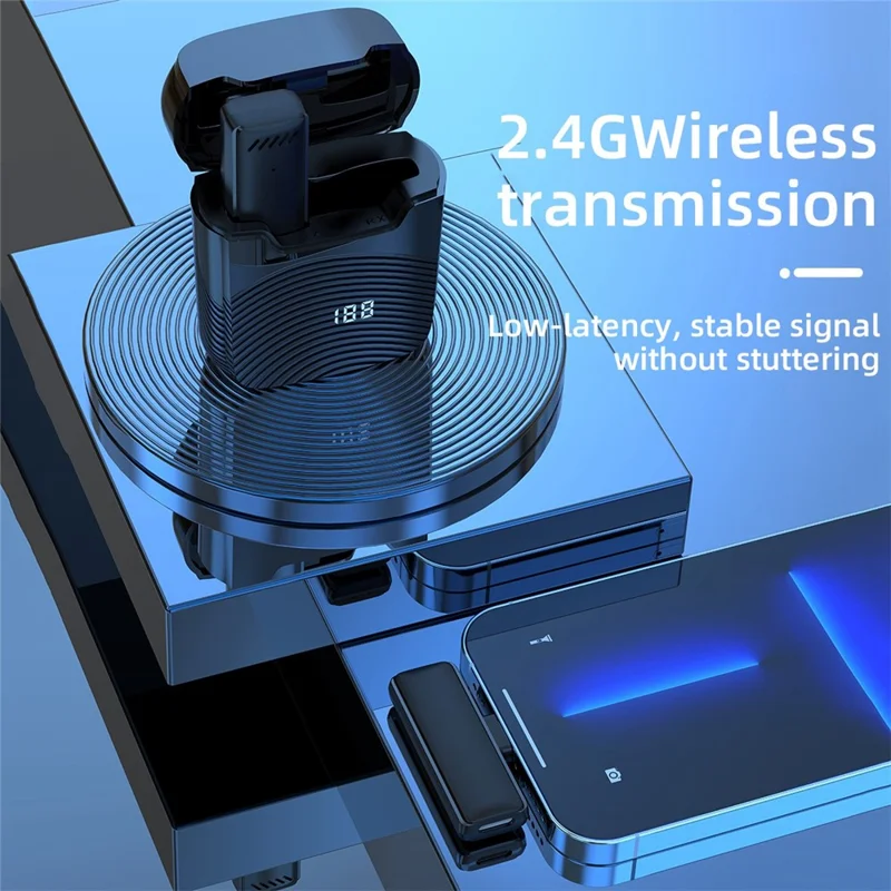 S11 2.4G Wireless Lavalier Microphone Type-C Receiver Audio Video Recording Clip-on Mini Mic with Digital Display Charging Box - Bright Black