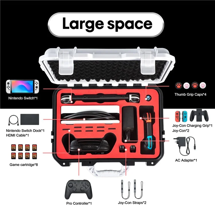 DEVASO For Nintendo Switch Travel Box Waterproof Carrying Case Soft Lining Hard Case, Color Splicing - Black+White