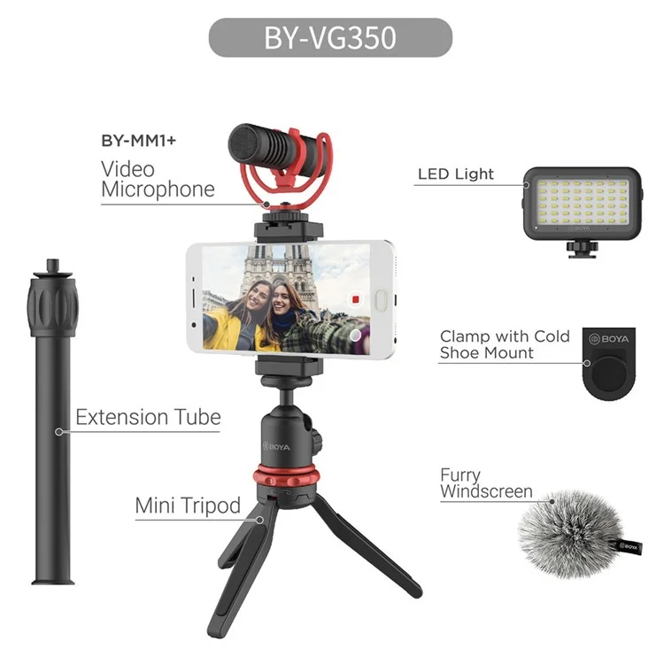 BOYA BY-VG350 Ultimate Smartphone Kit de Video Con Micrófono Supercardioide BY-MM1+ y Luz LED