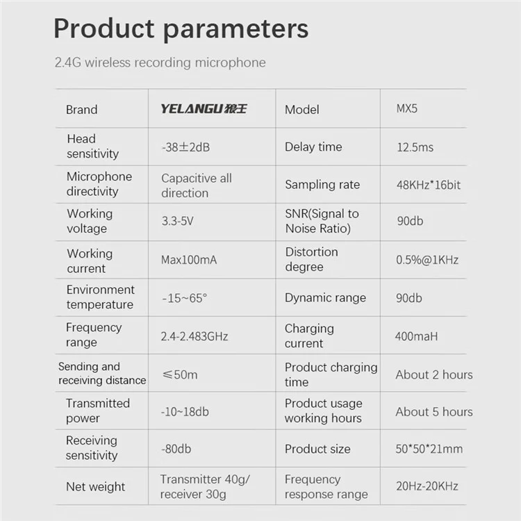 YELANGU MX5 Wireless Lavalier Microphone Set Transmitter + Receiver Portable 2.4G Mic with Clip - White