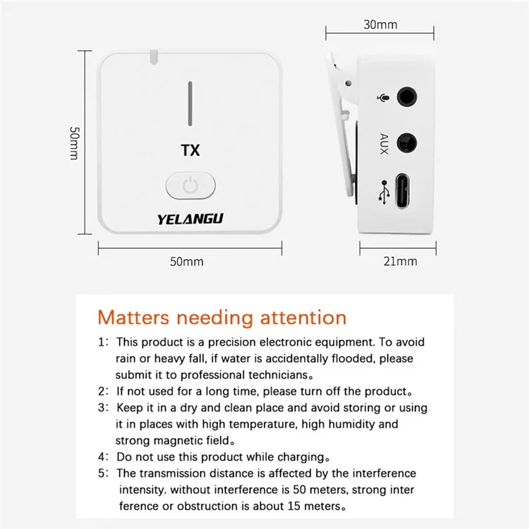 YELANGU MX5 Wireless Lavalier Microphone Set Transmitter + Receiver Portable 2.4G Mic with Clip - White