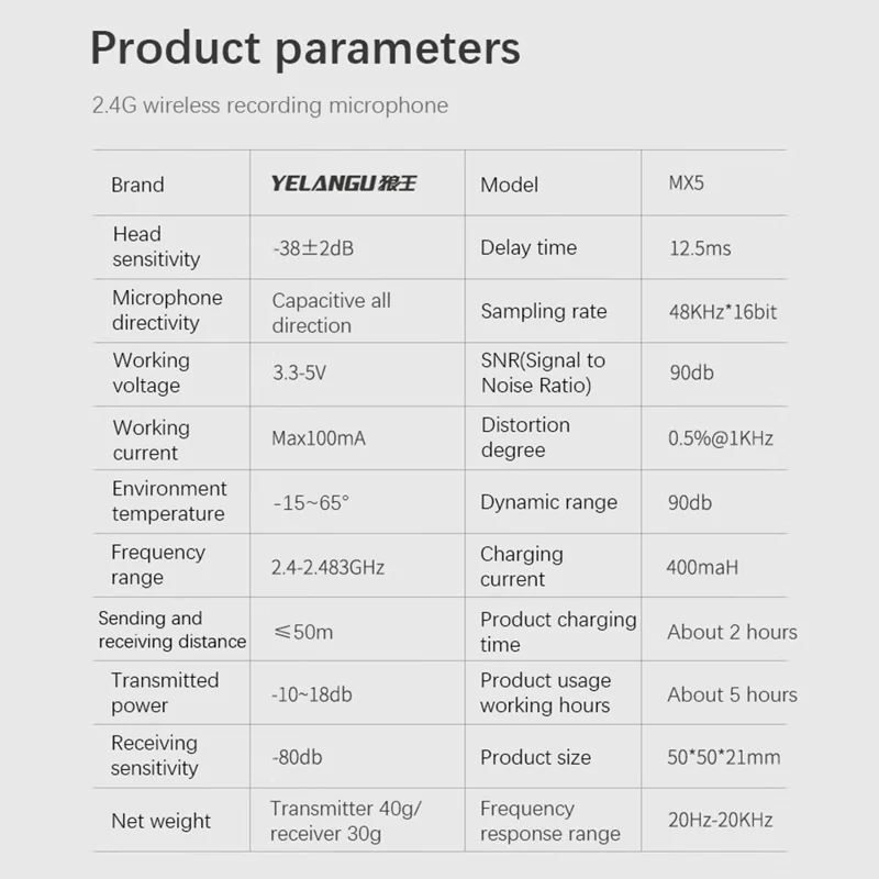 YELANGU MX5 Kabellose Lavalier-Mikrofongarnitur Sender + Empfänger Tragbares 2,4G-Mikrofon mit Clip - Schwarz