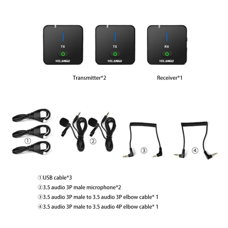YELANGU MX5 Ensemble Microphone sans fil portable 2,4 G 2 émetteurs + récepteur Microphone cravate avec clip - Blanc 
