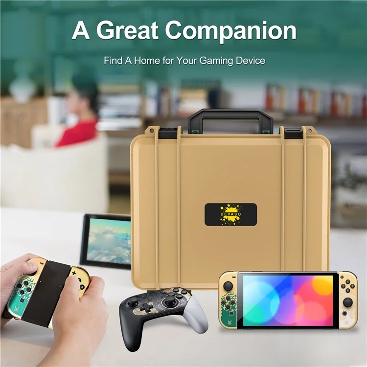DEVASO GY227 Waterproof Storage Box for Nintendo Switch Game Console Accessories Carrying Case, Gold Green