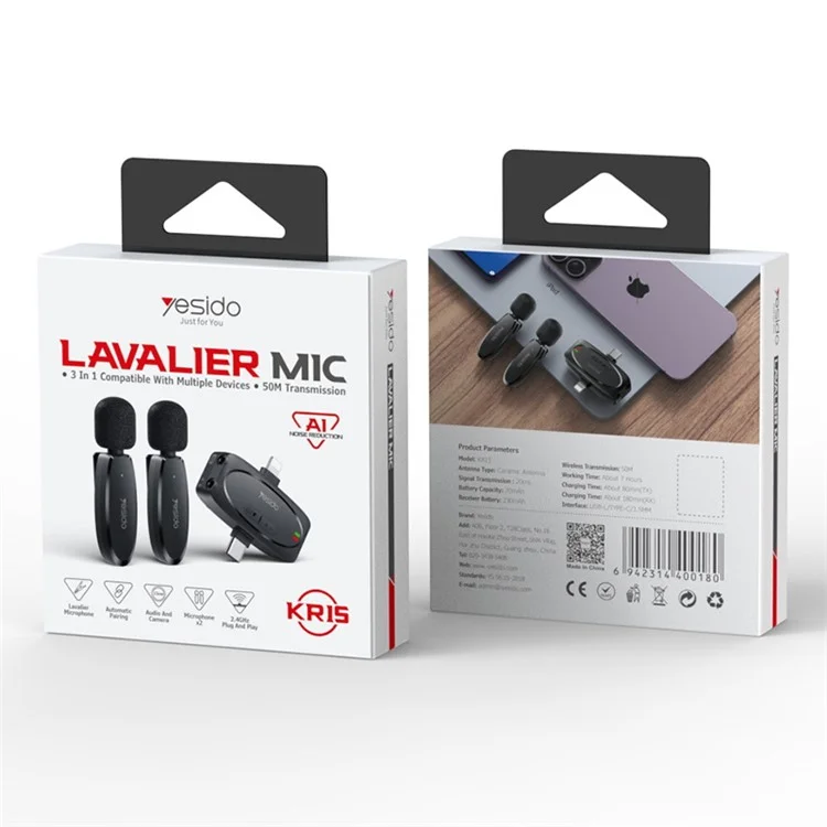 YESIDO KR15 Low Latency Wireless Lavalier Microphone iP / Type-C / 3.5mm Receiver + 2 Transmitter Mic Set