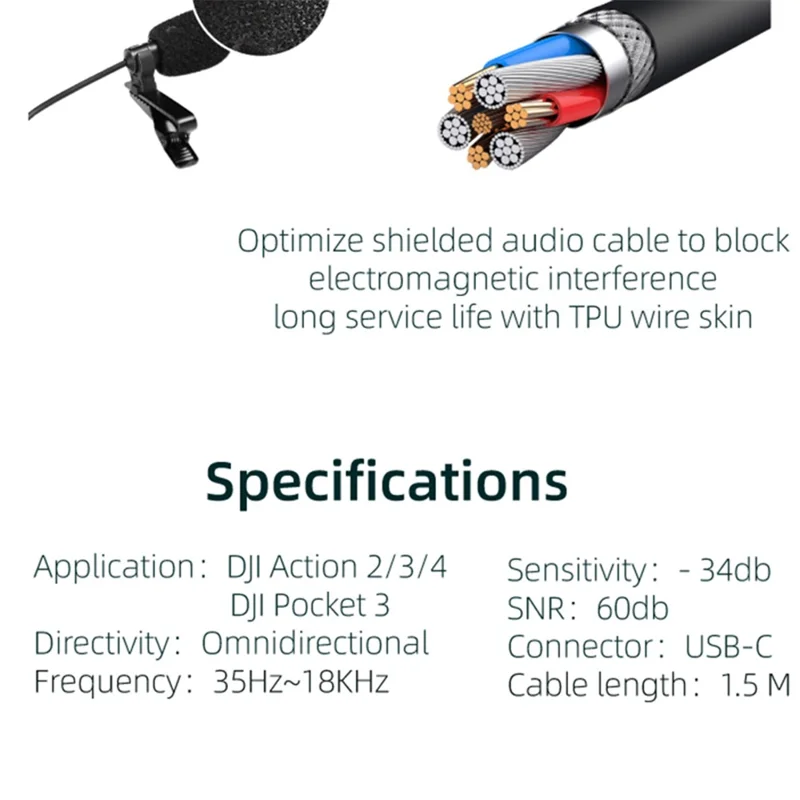OP3-MKF-HTX For DJI Pocket 3 / Action 4 / 3 / 2 Type-C Lavalier Microphone Hi-Fi Recording Mic