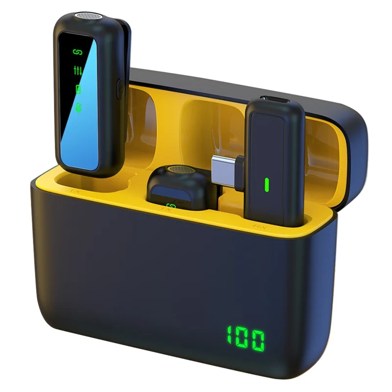 SX6 Digital Display Microphone Wireless Lavalier Mic Set with Type-C Receiver for Outdoor Live Streaming, Radio Recording - Yellow