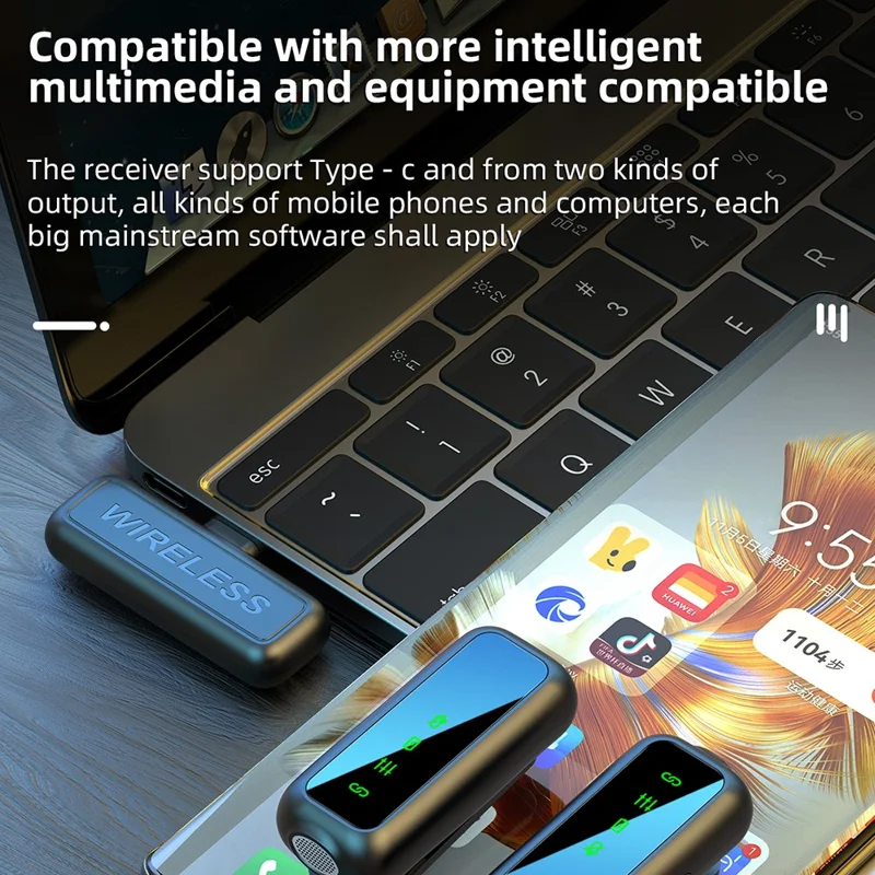 SX6 Digital Display Microphone Wireless Lavalier Mic Set with Type-C Receiver for Outdoor Live Streaming, Radio Recording - Yellow